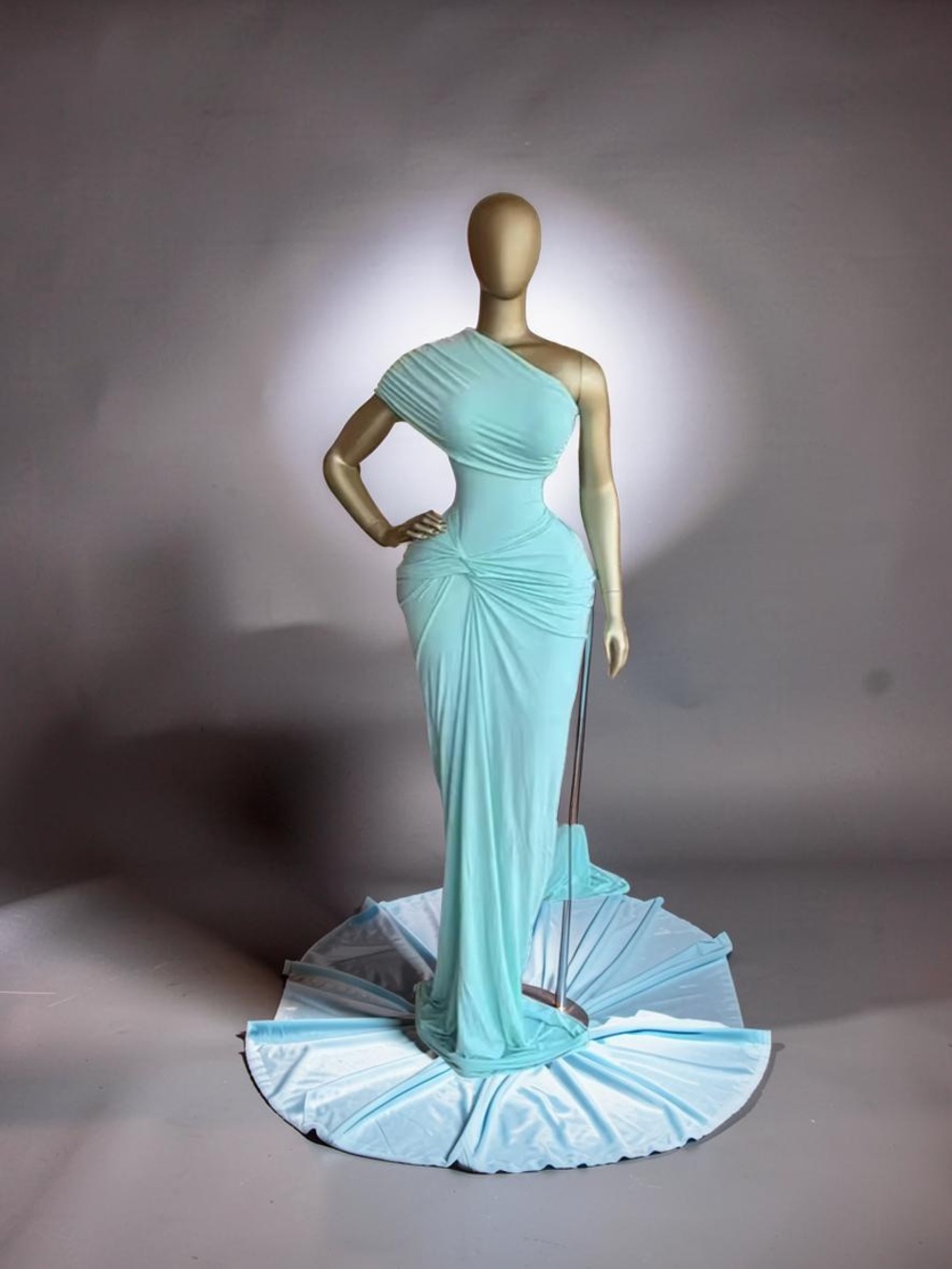 One-Shoulder Aqua Draped Evening Gown - Picture 3 of 11